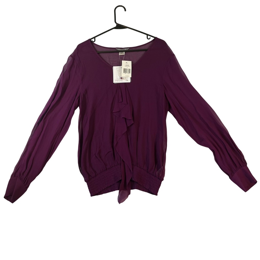 NEW Pippa Sheer Blouse 6 Amethyst Purple Ruffle Front Smocked Waist NWT